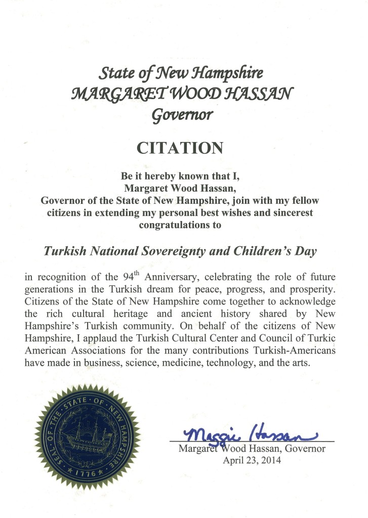 Citation by Governor Maggie Hassan - Recognizing the 94th Anniversary of Turkish National Sovereignty and Children's day