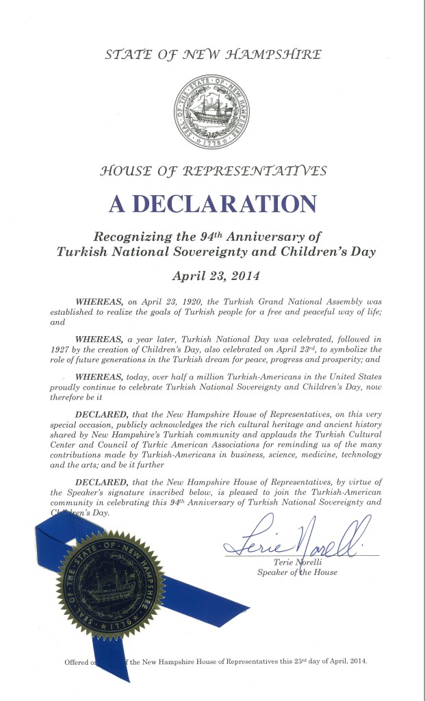 Declaration by Speaker of the House Hon. Terie Norelli - Recognizing the 94th Anniversary of Turkish National Sovereignty and Children's day - April 23, 2014